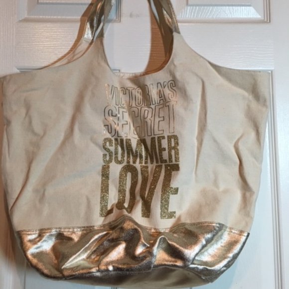Victoria's Secret Summer Love Golden Glitter Glam Canvas Shopping Tote 20"x15" - Picture 1 of 8